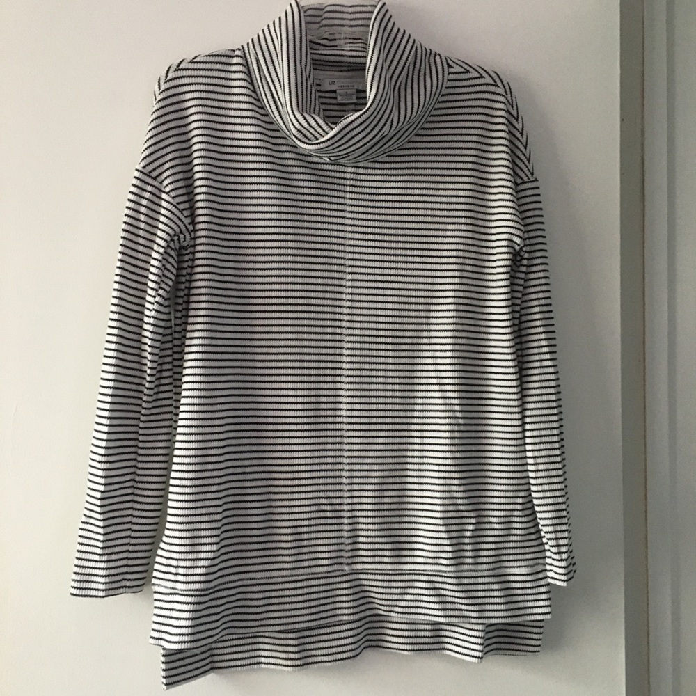 Cowl neck black and white stripe tunic sweater